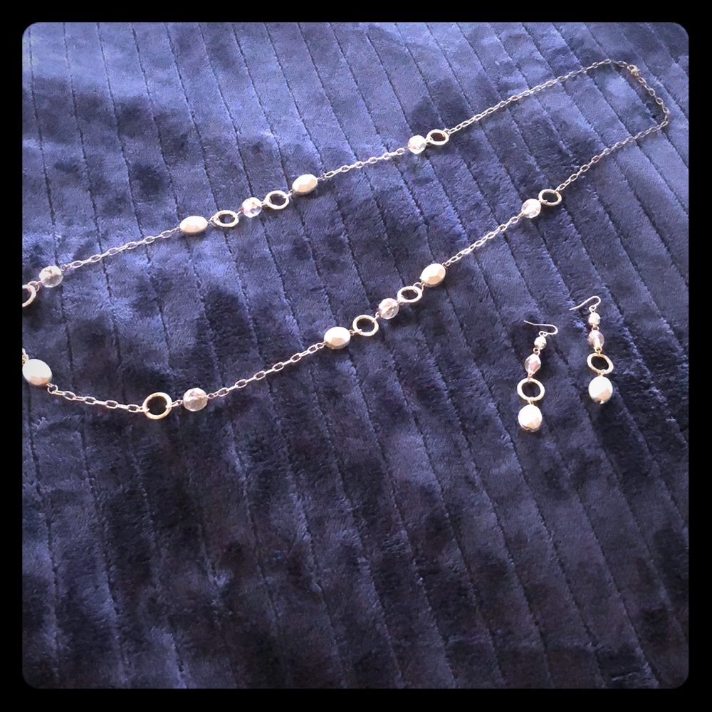Office Chic‎ Long Silver Tone Clear Bead Necklace and Earrings set
